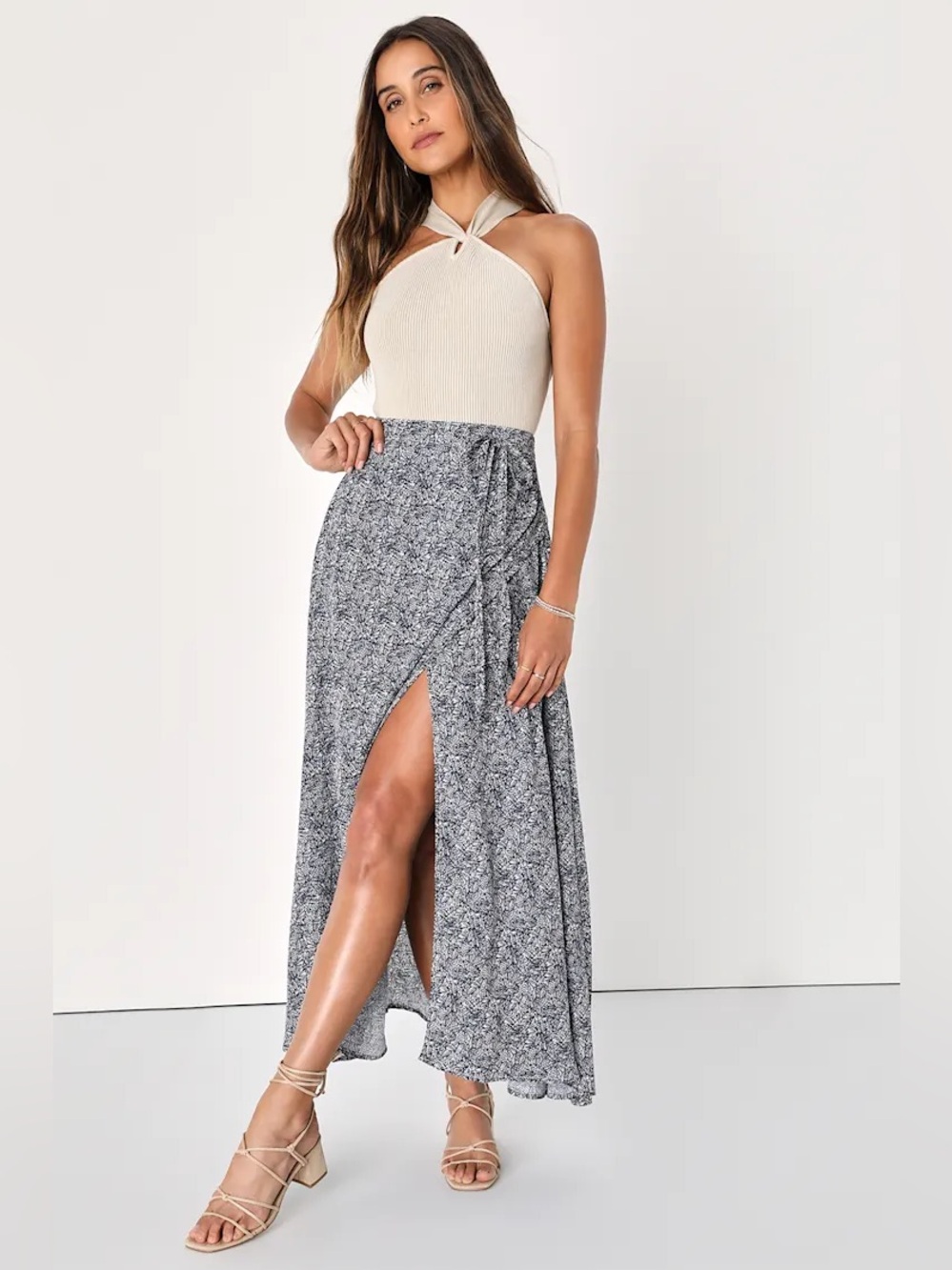 Lulus Beautiful Tempest Navy Blue Print Wrap Maxi Skirt - Size M
